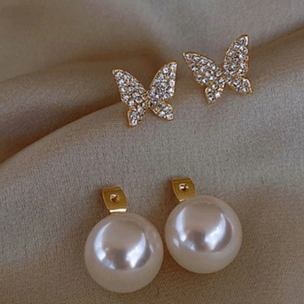 💎122💎 Goldtone‎ Diamond Butterfly Pearl Earrings - Picture 4 of 16